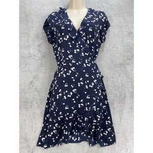 Aritzia Sunday Best A Line Dress Womens 6 Blue White Cherry Print Ruffle Wrap